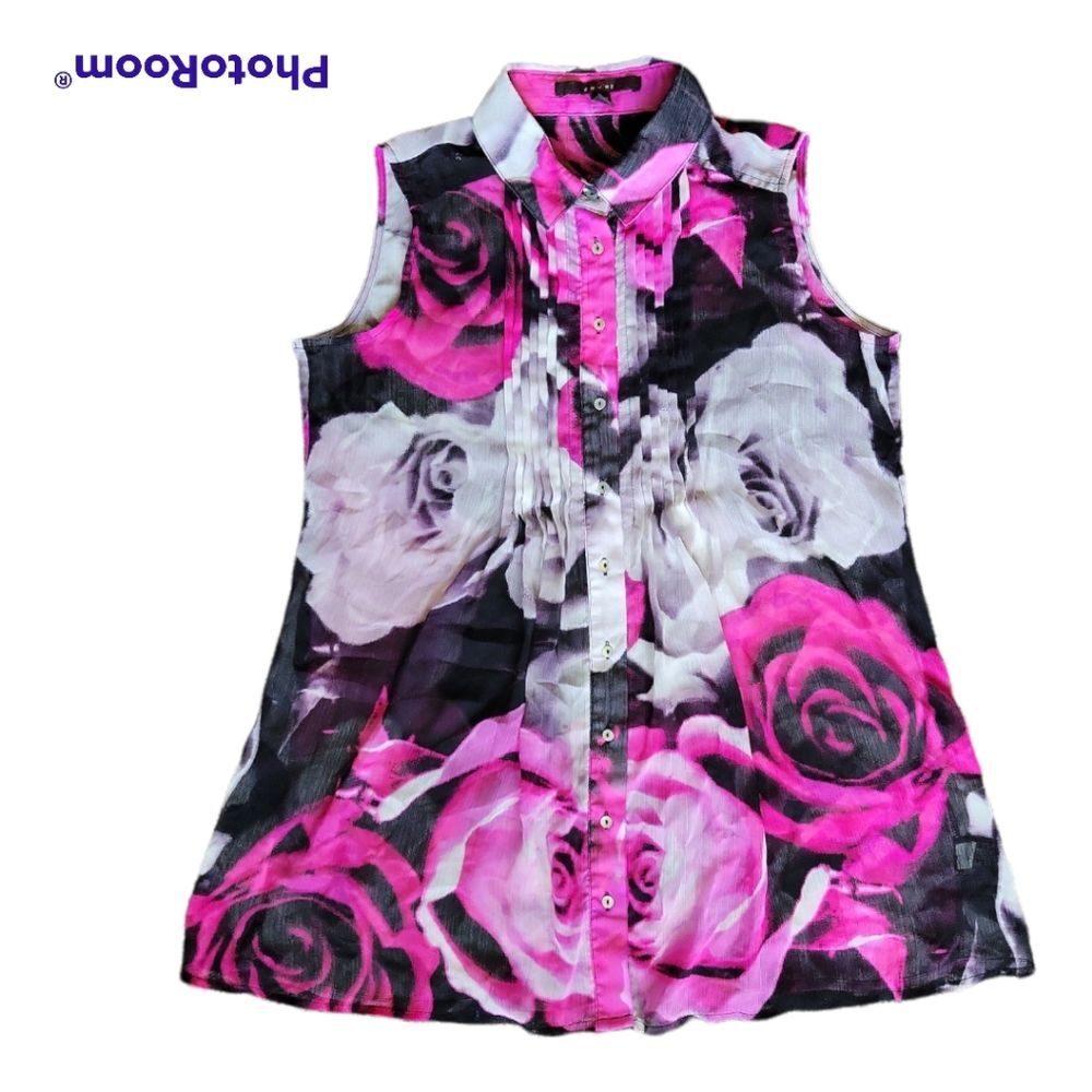 *FEVER* SHEER ROSE SLEEVELESS BUTTON FRONT TOP - M - Picture 2 of 10